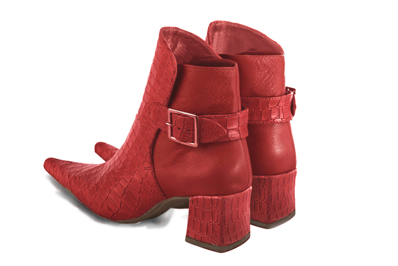 Scarlet red women's ankle boots with buckles at the back. Pointed toe. Medium block heels. Rear view - Florence KOOIJMAN